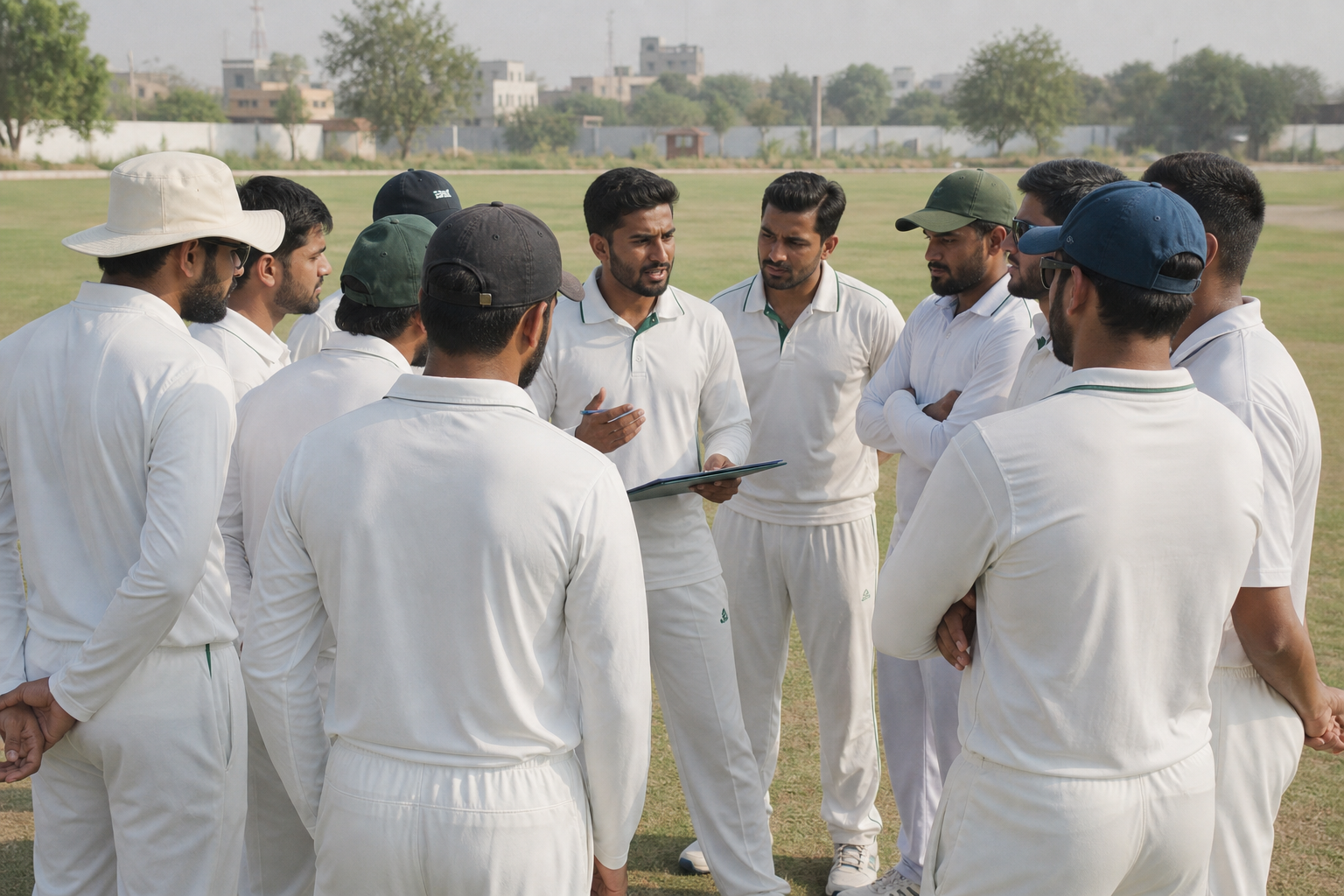 Cricket team huddle before a weekend match in Pakistan
